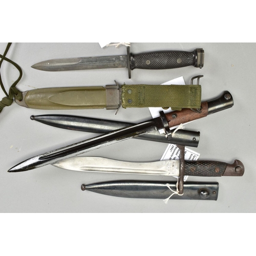 272 - THREE MILITARY BAYONETS, as follows, (a) US M7 bayonet/knife marked 'BOC' fitted in a USM8A1 scabbar... 