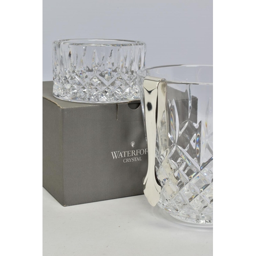 444 - A WATERFORD CRYSTAL LISMORE ICE BUCKET AND PLATED TONGS, stamped to base, height 18.5cm x diameter 1... 