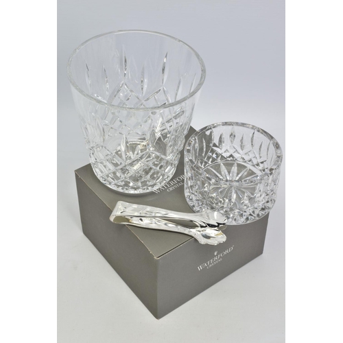 444 - A WATERFORD CRYSTAL LISMORE ICE BUCKET AND PLATED TONGS, stamped to base, height 18.5cm x diameter 1... 