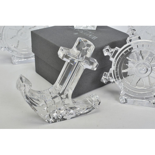 447 - A BOXED WATERFORD CRYSTAL SHELL SHAPED TIME PIECE, stamped to base, height 6.5cm, together with thre... 