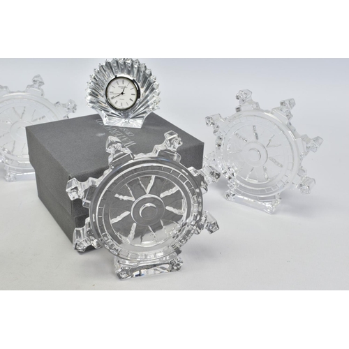 447 - A BOXED WATERFORD CRYSTAL SHELL SHAPED TIME PIECE, stamped to base, height 6.5cm, together with thre... 