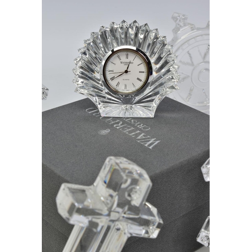 447 - A BOXED WATERFORD CRYSTAL SHELL SHAPED TIME PIECE, stamped to base, height 6.5cm, together with thre... 