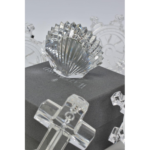 447 - A BOXED WATERFORD CRYSTAL SHELL SHAPED TIME PIECE, stamped to base, height 6.5cm, together with thre... 