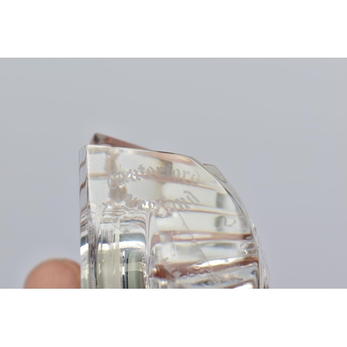 447 - A BOXED WATERFORD CRYSTAL SHELL SHAPED TIME PIECE, stamped to base, height 6.5cm, together with thre... 