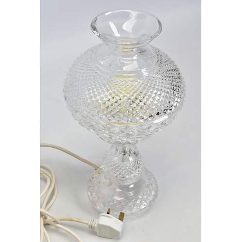 448 - A WATERFORD CRYSTAL ALANA HURRICANE LAMP, converted to electric, stamped to shade, height 35.5cm