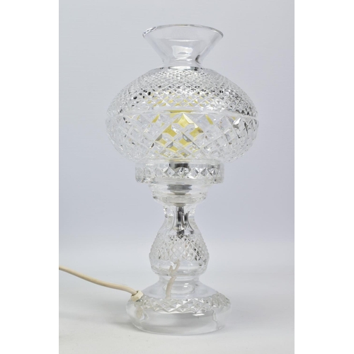 448 - A WATERFORD CRYSTAL ALANA HURRICANE LAMP, converted to electric, stamped to shade, height 35.5cm