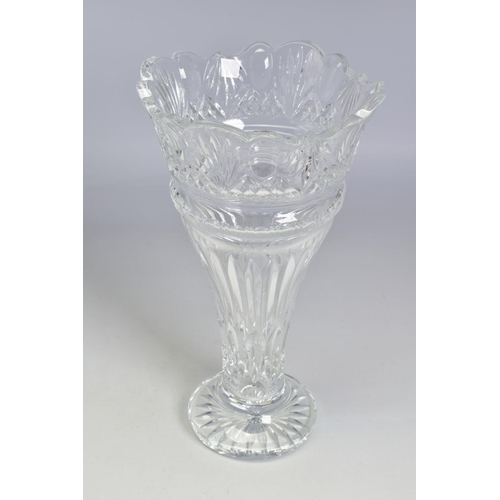 450 - A WATERFORD CRYSTAL FLUTED SHAPED VASE, with crown shaped top, stamped to base, height 32cm