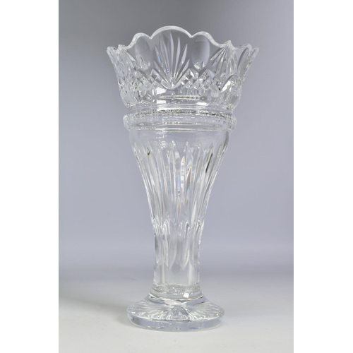 450 - A WATERFORD CRYSTAL FLUTED SHAPED VASE, with crown shaped top, stamped to base, height 32cm