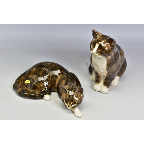 459 - TWO LARGE MIKE LINTON POTTERY CATS, one seated, height 29cm (ear restored) and the other lying, leng... 