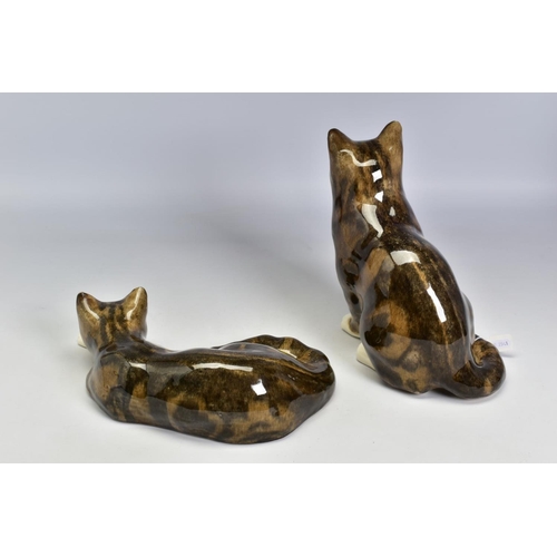 459 - TWO LARGE MIKE LINTON POTTERY CATS, one seated, height 29cm (ear restored) and the other lying, leng... 