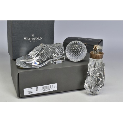 466 - A WATERFORD CRYSTAL BOXED GOLFING THEME SET, comprising a golf bag and clubs, height 13.5cm, a golf ... 