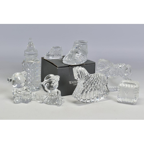 469 - A GROUP OF WATERFORD CRYSTAL NURSERY RELATED ITEMS, comprising a boxed 'Baby Boot' length 10cm, a sm... 