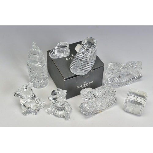 469 - A GROUP OF WATERFORD CRYSTAL NURSERY RELATED ITEMS, comprising a boxed 'Baby Boot' length 10cm, a sm... 