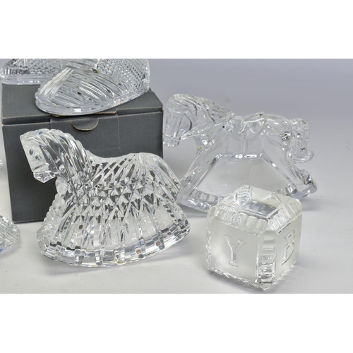 469 - A GROUP OF WATERFORD CRYSTAL NURSERY RELATED ITEMS, comprising a boxed 'Baby Boot' length 10cm, a sm... 