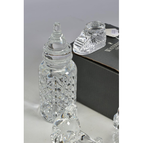 469 - A GROUP OF WATERFORD CRYSTAL NURSERY RELATED ITEMS, comprising a boxed 'Baby Boot' length 10cm, a sm... 