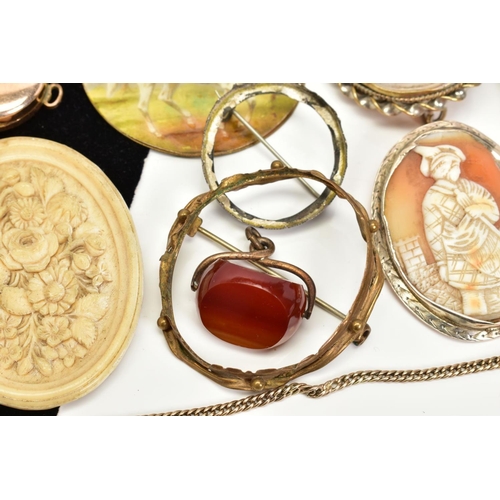 5 - A SELECTION OF ITEMS, to include two gold plated cameo panels one depicting a lady in profile within... 