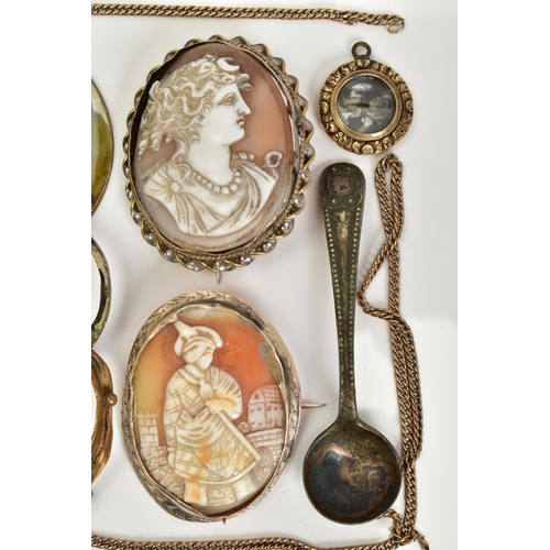 5 - A SELECTION OF ITEMS, to include two gold plated cameo panels one depicting a lady in profile within... 