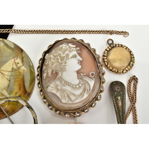 5 - A SELECTION OF ITEMS, to include two gold plated cameo panels one depicting a lady in profile within... 