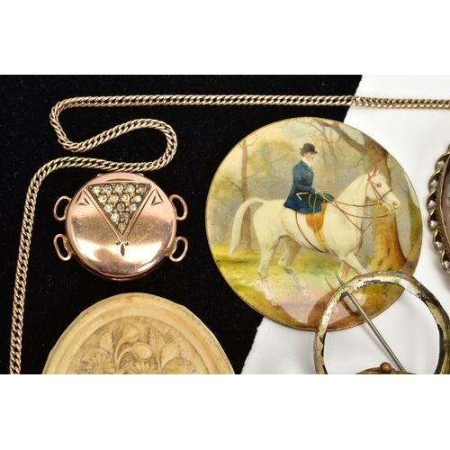 5 - A SELECTION OF ITEMS, to include two gold plated cameo panels one depicting a lady in profile within... 