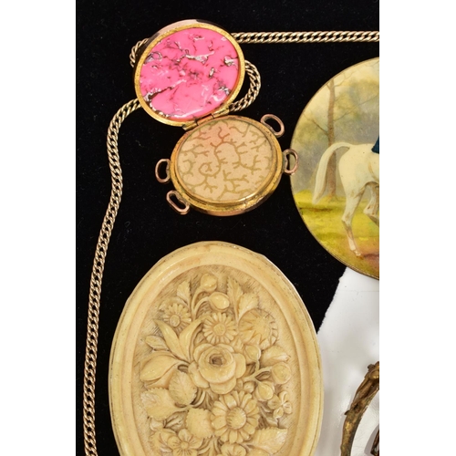 5 - A SELECTION OF ITEMS, to include two gold plated cameo panels one depicting a lady in profile within... 