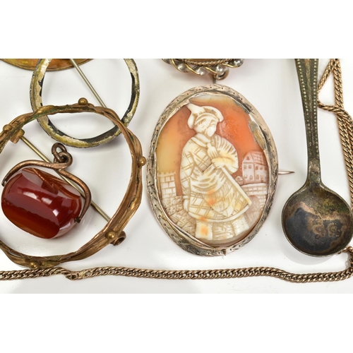 5 - A SELECTION OF ITEMS, to include two gold plated cameo panels one depicting a lady in profile within... 