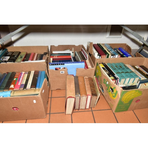 501 - FIVE BOXES OF BOOKS, subjects include antiques, history, crime, topographical, drama etc, to include... 