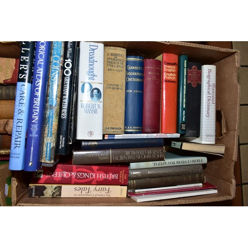 501 - FIVE BOXES OF BOOKS, subjects include antiques, history, crime, topographical, drama etc, to include... 