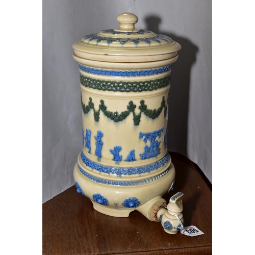 503 - A LATE VICTORIAN DOULTON LAMBETH STONEWARE WATER FILTER, buff glaze with bands of blue and green spr... 