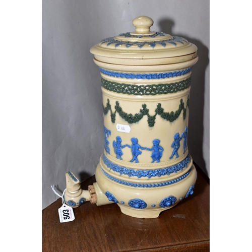 503 - A LATE VICTORIAN DOULTON LAMBETH STONEWARE WATER FILTER, buff glaze with bands of blue and green spr... 