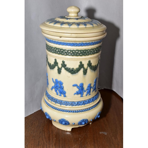 503 - A LATE VICTORIAN DOULTON LAMBETH STONEWARE WATER FILTER, buff glaze with bands of blue and green spr... 