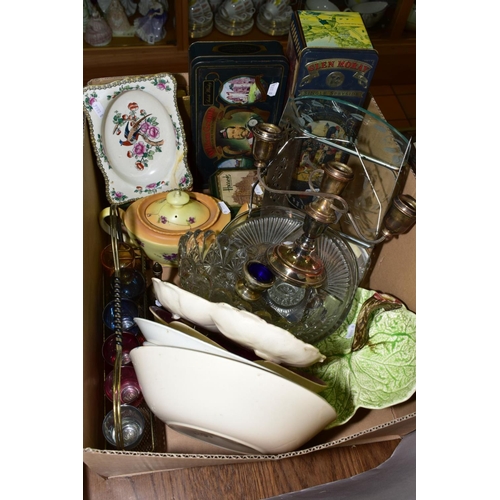 506 - A BOX OF SUNDRY ITEMS to include a silver plated candelabrum, vintage liqueur glasses holder and gla... 