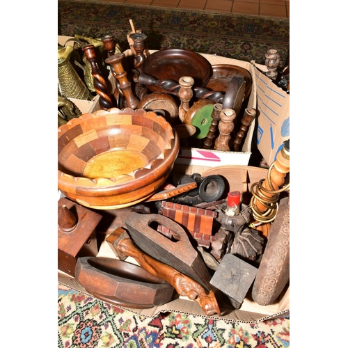 507 - FOUR BOXES OF CARVED WOODEN ITEMS to include oak candlesticks, Tazzas, ceiling lights, fireside comp... 