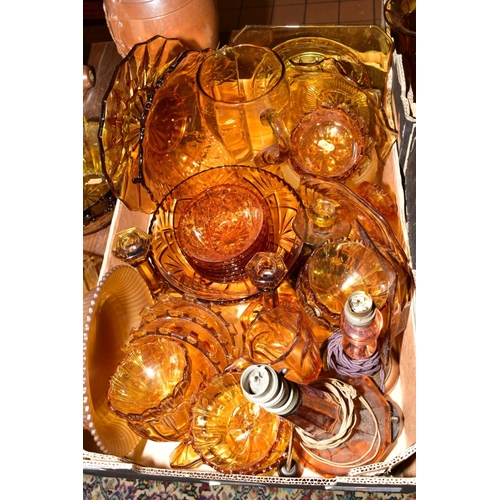 508 - THREE BOXES OF PRESS MOULDED AMBER GLASS to include bowls, storage containers, candlesticks, water j... 