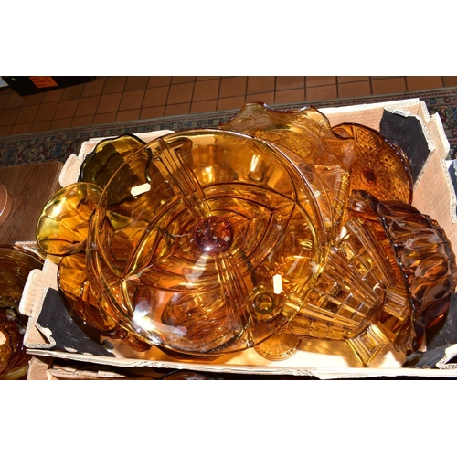 508 - THREE BOXES OF PRESS MOULDED AMBER GLASS to include bowls, storage containers, candlesticks, water j... 