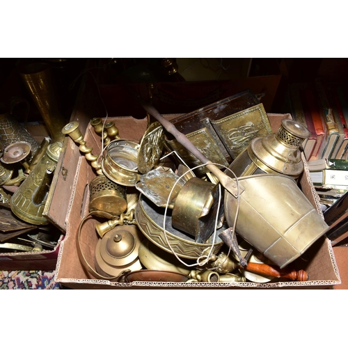 509 - FOUR BOXES OF BRASS WARES, to include candlesticks, lamp bases, trivets, jugs, bells, teapot, log ba... 