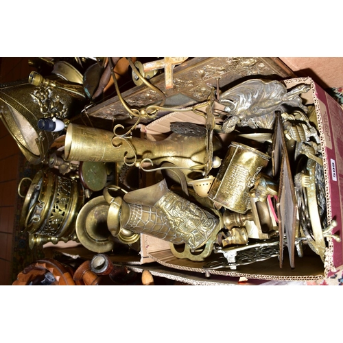 509 - FOUR BOXES OF BRASS WARES, to include candlesticks, lamp bases, trivets, jugs, bells, teapot, log ba... 