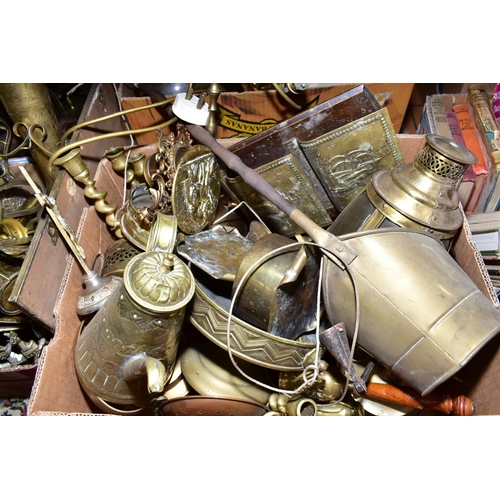 509 - FOUR BOXES OF BRASS WARES, to include candlesticks, lamp bases, trivets, jugs, bells, teapot, log ba... 