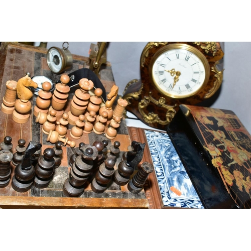 519 - A WOODEN CHESS SET with wooden chessboard, storage box interior surface has green felt backgammon bo... 