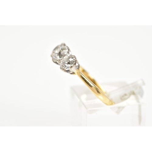 52 - A NEARLY TO MID 20TH CENTURY THREE STONE DIAMOND RING, three transitional cut diamonds, measuring fr... 