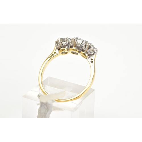 52 - A NEARLY TO MID 20TH CENTURY THREE STONE DIAMOND RING, three transitional cut diamonds, measuring fr... 