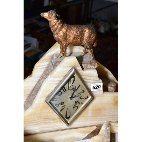 520 - A MARBLE ART DECO CLOCK GARNITURE female figure with sheep adorn the top and flanks of the clock, Ar... 