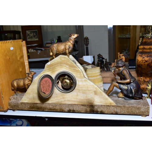 520 - A MARBLE ART DECO CLOCK GARNITURE female figure with sheep adorn the top and flanks of the clock, Ar... 