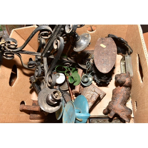 524 - TWO BOXES OF METALWARES to include a cobblers shoe last, flat irons, Scottie dog, ceiling light, can... 