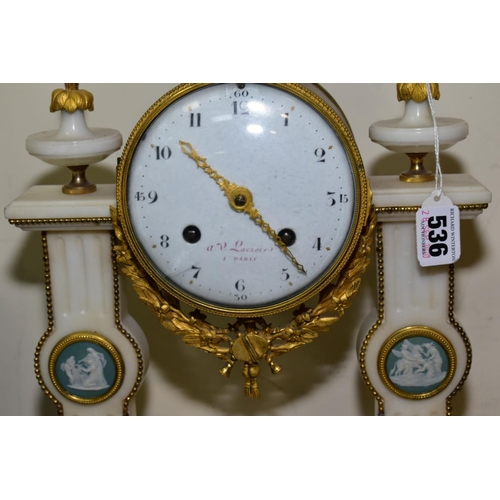 536 - A GILT AND MARBLE FRENCH CHIMING MANTLE CLOCK by A V Lacroix having Arabic numerals to a white ename... 