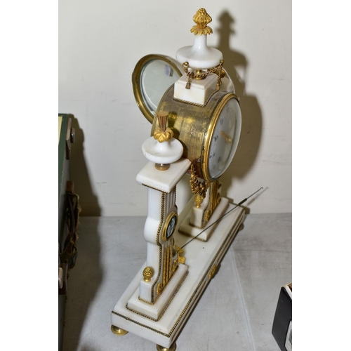 536 - A GILT AND MARBLE FRENCH CHIMING MANTLE CLOCK by A V Lacroix having Arabic numerals to a white ename... 