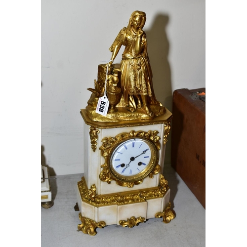 538 - A MID 19TH CENTURY GILT METAL AND WHITE MARBLE MANTLE CLOCK, BY RAINGO FRERES OF PARIS, the surmount... 