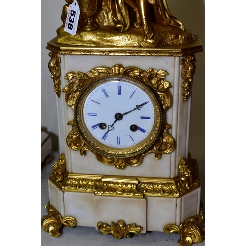 538 - A MID 19TH CENTURY GILT METAL AND WHITE MARBLE MANTLE CLOCK, BY RAINGO FRERES OF PARIS, the surmount... 