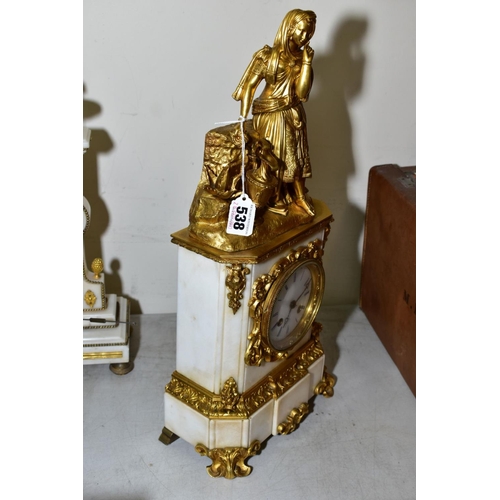 538 - A MID 19TH CENTURY GILT METAL AND WHITE MARBLE MANTLE CLOCK, BY RAINGO FRERES OF PARIS, the surmount... 