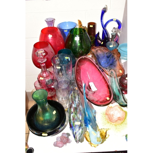 544 - A GROUP OF COLOURED GLASSWARE to include Royal Brierley iridescent glass vase and bowl, magnor of No... 