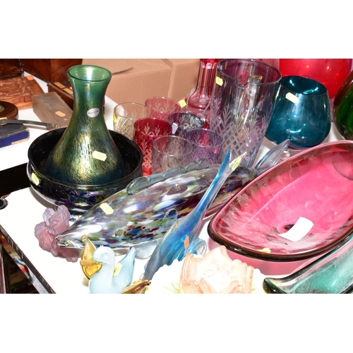 544 - A GROUP OF COLOURED GLASSWARE to include Royal Brierley iridescent glass vase and bowl, magnor of No... 